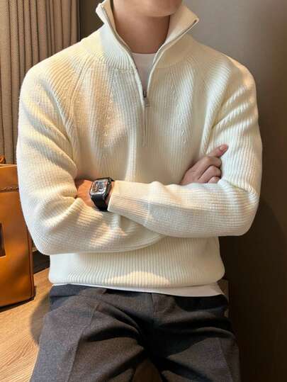 1 قطعة بلوفر رجالي نصف سحاب، قماش ناعم ومريح ومطاطي، بتصميم أسود بسيط ومنسوج، متعدد الاستخدامات للمنزل والسفر والعمل، بلوفر رجالي