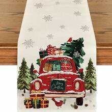 1pc Red Truck & Tree Design Christmas Table Runner, Suitable For Winter Kitchen, Dining Table Decor, Home Gathering Decoration