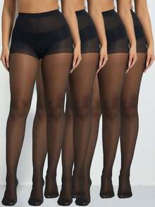 4 Pairs Women's 20D Transparent Thigh High Stockings, Black Skinny Tights, Fashionable & Minimalist, Cozy