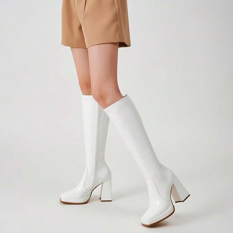 Wide Calf Plus Size Women's 70s Gogo Tall Knee High Square Toe Chunky Heel Retro Fashion Vintage Boots - White - View 6