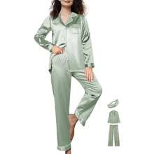 Womens 3Pcs Satin Pajamas Set Silk Pajama Sets XS-3XL Long Silky Pj Sets Nightwear Pjs Set Sleepwear Loungewear{"Color_name":"Sage","Size_name":"X-Large"} - Nhiều màu27 - Xem 1
