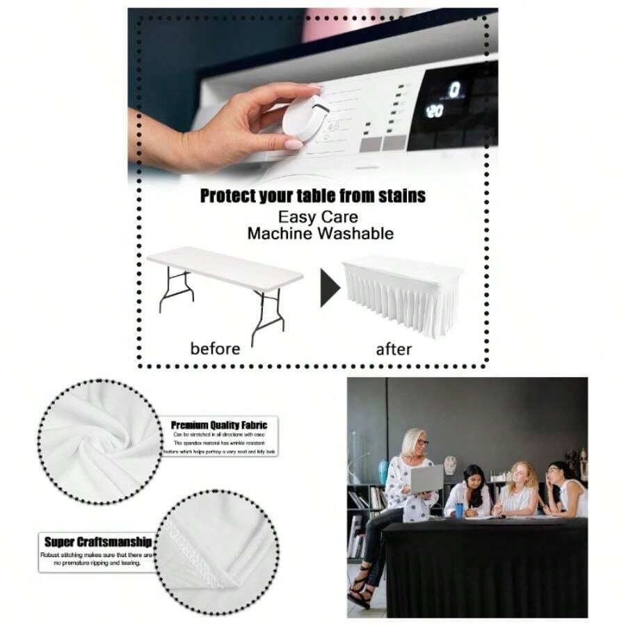 Spandex Table Skirts 6ft Rectangle Table, Table Cover 6ft Table With Skirt, Fitted Rectangular Stretchable Table Cloth Wedding Party Exhibitions Cocktail Bar Patio - Black - White + 72 X 29.5 Inch (Rectangular) - View 1