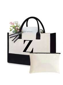 字母帆布手提袋，带化妆包，个性化礼品袋，适合婚礼、生日、海滩、度假、上学等场合，是送给女性、妈妈、老师、朋友、伴娘、学生的绝佳礼物。大容量手提袋，简约宽敞，便携休闲收纳袋，多功能购物袋，全新设计，容量大，是购物的理想之选，也可作为单肩包使用。 - 黑與白 - 查看 53
