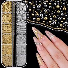 1-3MM Small Nail Beads Metal Caviar Bead Silver Gold Nail Charms And Gems Ball, Nail Chain Nail Art Accessories Supplies Gold Rhinestones Women Manicure - 07 金色釘珠配釘鏈 - 查看 1