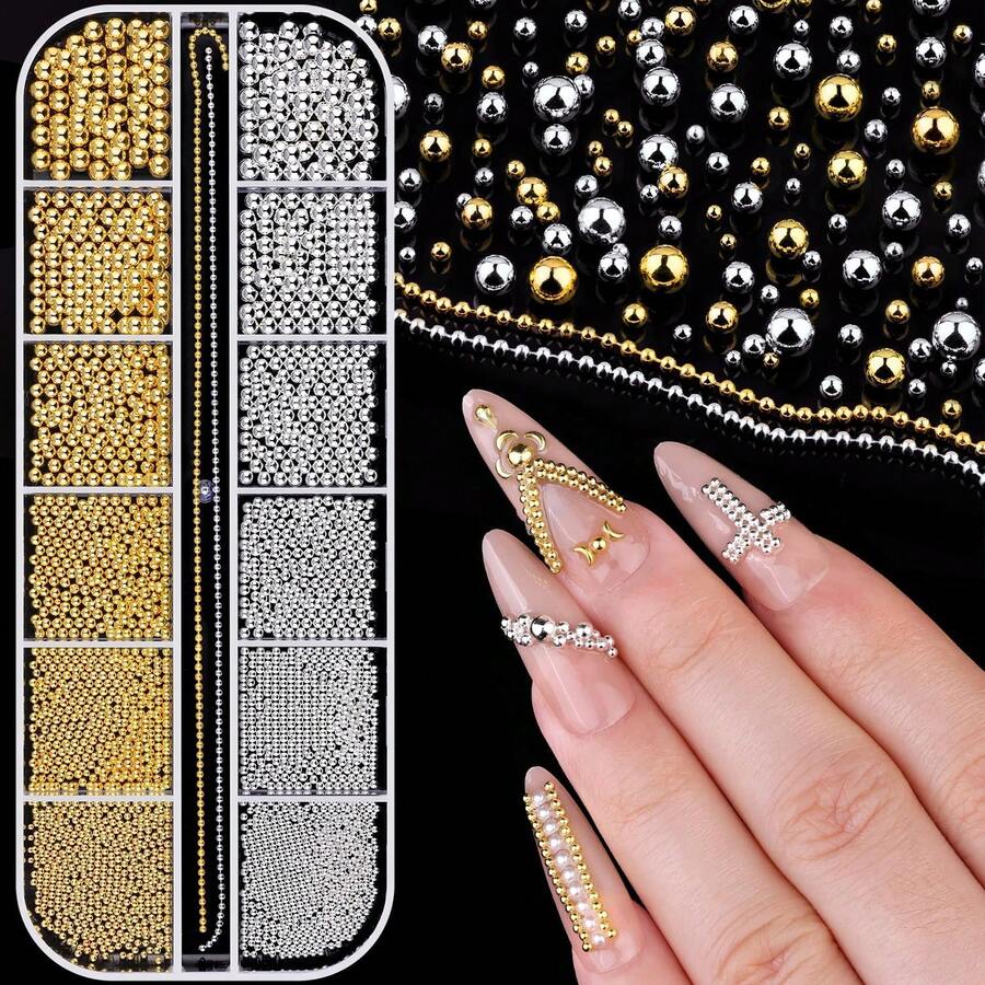 1-3MM Small Nail Beads Metal Caviar Bead Silver Gold Nail Charms And Gems Ball, Nail Chain Nail Art Accessories Supplies Gold Rhinestones Women Manicure - 07 金色釘珠配釘鏈 - 查看 1