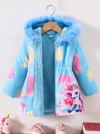 女童卡通独角兽印花蓝色毛绒连帽中长款夹克，秋冬