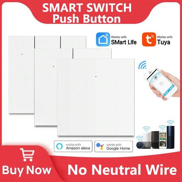 1pc ChevoLink Tuya Smart Switch Push Button White/Black EU Standards Neutral Wire/No Need Neutral Wire Gift Capacitor 1/2/3 Gang Wifi Smart Switch Works With Alexa Home Smart Life App