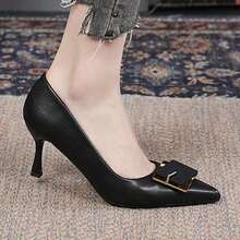 Las mujeres de tacón alto francés hebilla cuadrada primavera y otoño temperamento cien con punta boca poco profunda zapatos individuales - Negro - Ver 4