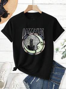 Round Neck Black T-Shirt with Cat and MAZZY STAR Print for Casual Wear - Negro - Ver 4