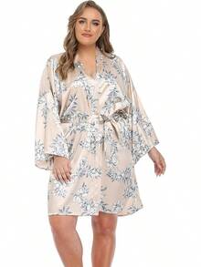 iFigure Batas cortas de satén para mujer, talla, batas de - Champán floral - Ver 9