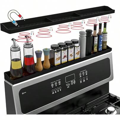 30 Inch Silicone Stove Top Shelf Magnetic Kitchen, Strong Magnetic Heat Resistant Spice Rack Organizer Over Stove Oven - Black