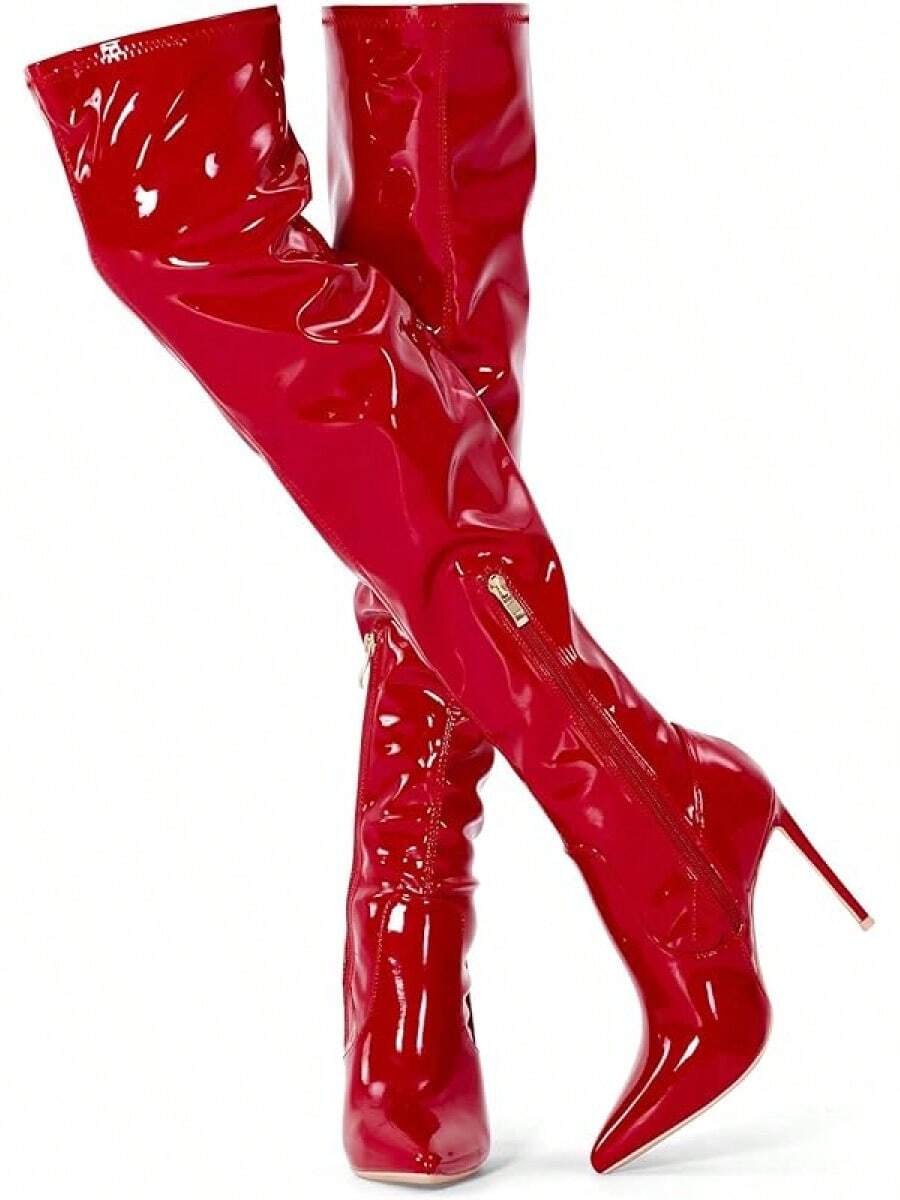 Over Knee Boots Women With Heel Suede Thigh High Stretch Pointed Toe Stiletto Long Boots, Fashionable - 皮革紅 - 查看 1