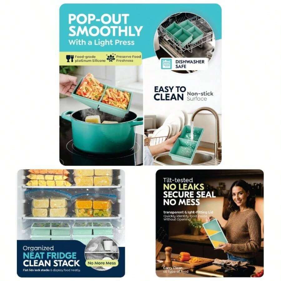 2 Cup Silicone Freezer Trays With Lids, Silicone Soup Freezer Molds, Easily Prepare Portioned Meals, Great Storing Soups, Lasagna, Leftovers, Sauces And Other Dishes, Dishwasher, Oven - màu xanh lá - Xem 1