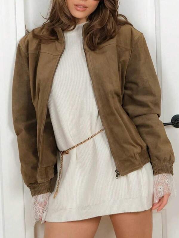 Veste zippée en polyester de couleur unie pour femmes, style casual et universitaire