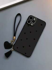 1 قطعة غطاء هاتف مقاوم للسقوط بطبقة سميكة مطلي بشكل قلب أسود مثقب الحواف مع إكسسوارات قابلة للفصل، سير معصم جلدي قلب جديد، إكسسوار معلق لغطاء الهاتف DIY، قلادة شرابة معصم قصيرة - متعدد الألوان - مشاهدة 3