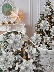 20 buc-Flori artificiale de Crăciun cu sclipici, un roșu, ornamente de brad de Crăciun, nuntă de Crăciun, Poinsettia, flori artificiale de Crăciun, flori de Crăciun cu sclipici pentru decorațiuni de brad de Crăciun, petrecere de acasă, decor de Crăciun (argintiu)