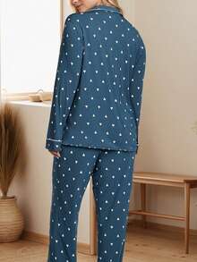 女士翻领长袖上衣和裤子心形印花睡衣套装，冬季和秋季服装 - 藏蓝色 - 查看 4