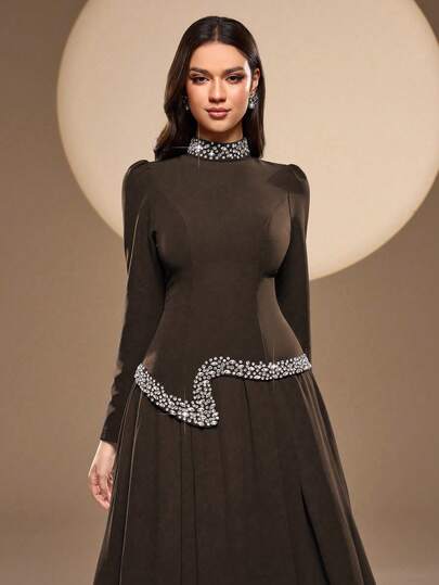 Women's Solid Color Mandarin Collar, Beaded Neckline, Waist Beaded Decor, Elegant Long Sleeve Maxi Formal Dress Wedding Spring Party