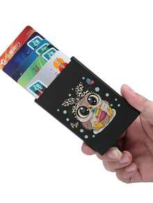 Portofel ultra-subțire din aluminiu cu blocare RFID pentru bărbați și femei - Suport de card pop-up cu design negru drăguț cu bufniță, protecție antifurt, potrivit pentru carduri de credit de afaceri, portofel mic cu carduri pentru femei