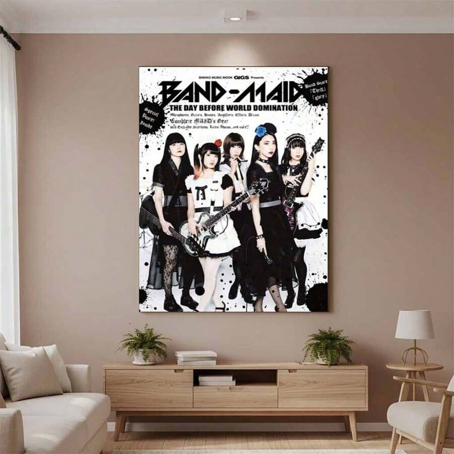 Framed Canvas 1pc Anese Band Maid Girls Poster Canvas Print - Gothic Rock Style Music Poster With Maid Outfits & Electric Guitars - Pre-Framed Canvas Wall Art For -, Visual Kei Fans - Home, Office, Music Room Decor - Collectible Anese Music Memorabilia, Music Posters Wall Art, Fan Art Display, 2D Flat - Đóng khung - Xem 1