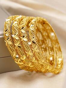 1pc Stacked 24K Gold Plated Heart & Four Leaf Clover Openable Bracelet, Popular Dubai & Europe Style, For Summer Wedding Season
