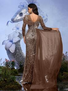 香槟色亮片串珠长袖修身晚礼服，适合正式晚宴、盛大晚会、鸡尾酒会（装饰精美）婚礼春季派对 - 咖啡棕 - 查看 3