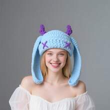 1 Pc Cute Handmade Cow Horn Rabbit Ear Headpiece Warm Autumn And Winter Knitted Hat - 白色 - 查看 7