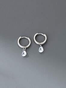 A Pair Of Sterling 925 Silver Fashionable Elegant Shining Water Drop Cubic Zirconia Ear Hoops Earrings For Women Daily Wearing Friendship Party Jewelry Gift
