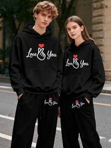 (2PC) Couple's Set Of Fashionable And Casual Printed Hoodies And Sweatpants For Both Men And Women, Autumn And Winter Men's Sportswear, Fashionable And  Sportswear Printed, Suitable For Casual Outdoor Sports And Holiday Gift Giving.LOVE YOU - 男士-黑色 - 查看 1