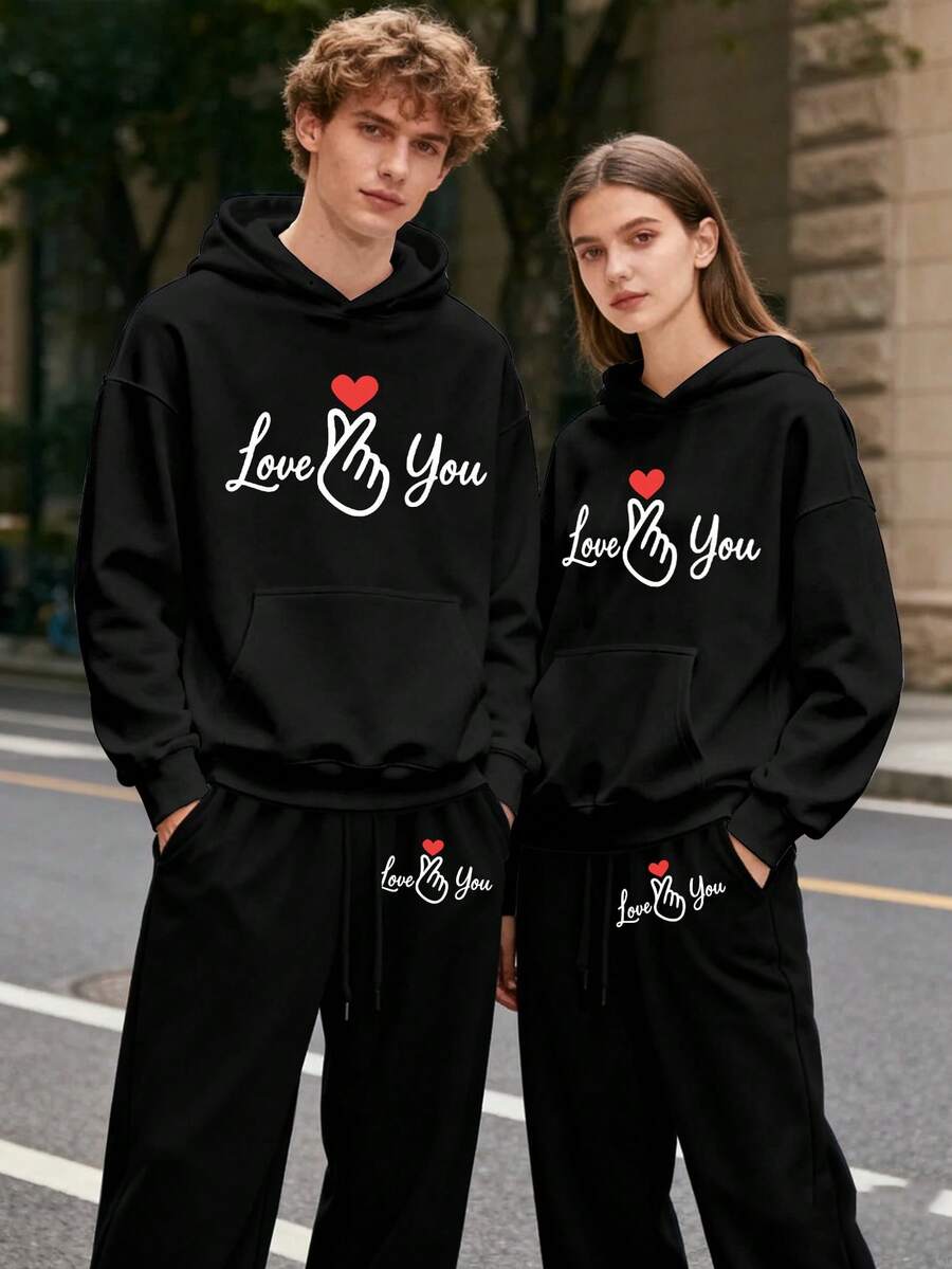 (2PC) Couple's Set Of Fashionable And Casual Printed Hoodies And Sweatpants For Both Men And Women, Autumn And Winter Men's Sportswear, Fashionable And  Sportswear Printed, Suitable For Casual Outdoor Sports And Holiday Gift Giving.LOVE YOU - 男士-黑色 - 查看 1