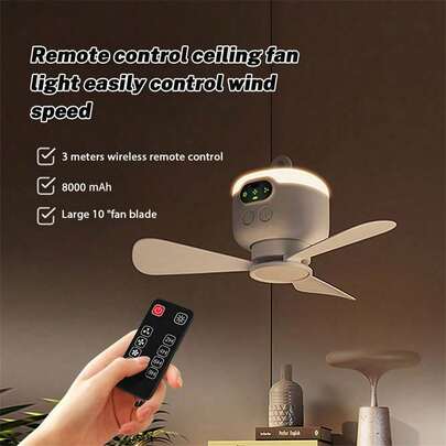 Portable USB Rechargeable Ceiling Fan, Dormitory Ceiling Fan.With Night Light Lighting, 8000mAh Battery, Remote Control, 3-Speed Wind Adjustment.Suitable For A Variety Of Scenarios; It Is Very Suitable For Summer Camping And Family Cooling. It Is A Must-Choose Equipment For Summer Camping And A Cooling Artifact For Student Dormitories.