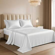 4-Piece Satin Sheet Set Lux Décor Polyester Silky Soft & Breathable – Deep Pocket Fitted Sheet For Home Decor- Graduation Gifts, Home Decor, Sleep Protection For Dorms, Student Beds, Back-To-School Gift, Valentine's Day Bedroom, Spring Bedding Refresh, Guest Room Essentials, Dorm Room Bedding, Premium Bed Linens, Easy Care Sheets, Hypoallergenic Fabric, Year-Round Comfort, Master Bedroom Update, Matching Bedding Set, Hotel Quality Linens, Wrinkle-Free, Cooling Touch, Modern Style - Màu xám bạc - Xem 9