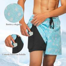 Lubardy Traje de Baño Hombre Natación 2 en 1 Short Playa de Secado Rápido Bañador con Forro y Bolsillos Bermudas para Hombre para Playa Piscina Negro - Azul-M - Ver 10