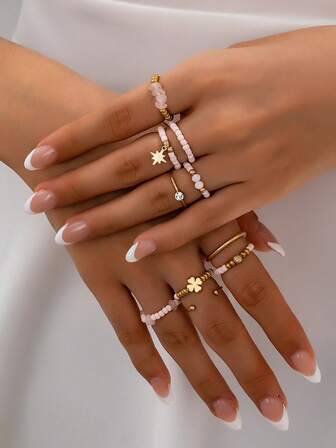 1 Set Handmade Beaded Ring Set, Fashionable, Elegant, Minimalist Design, Suitable For Women
