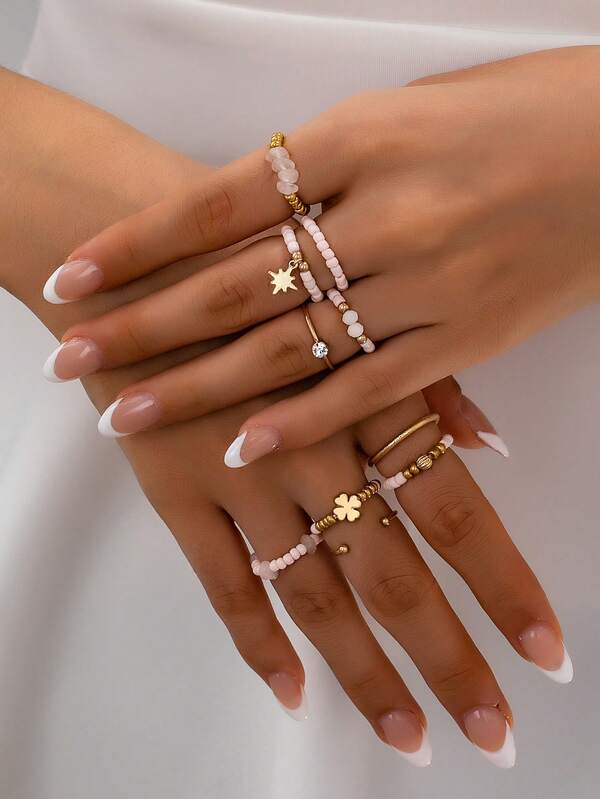 1 Set Handmade Beaded Ring Set, Fashionable, Elegant, Minimalist Design, Suitable For Women