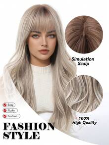 Tóc giả dài 24 inch, kiểu gợn sóng, có mái, chân tóc tối màu, màu nâu, kiểu ombre nâu sang vàng, chất liệu tổng hợp chịu nhiệt, thích hợp cho sử dụng hàng ngày, dự tiệc, cosplay và nhiều dịp khác. - Tóc vàng ombre - Xem 8