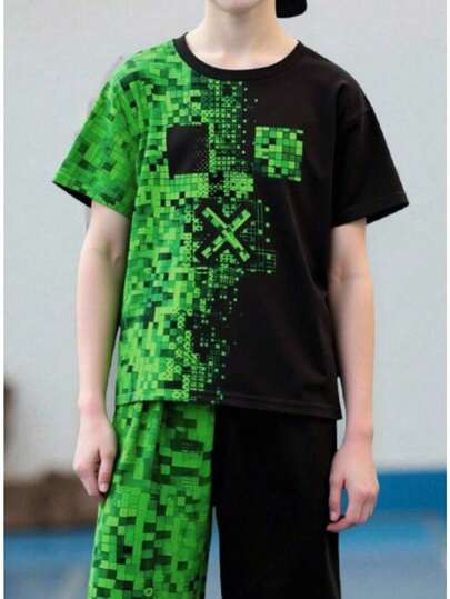 Conjunto de 2 piezas para niño Camiseta manga corta con estampado total y pantalones cortos de moda infantil verano 2024 diseño único y cómodo para niños pequeños