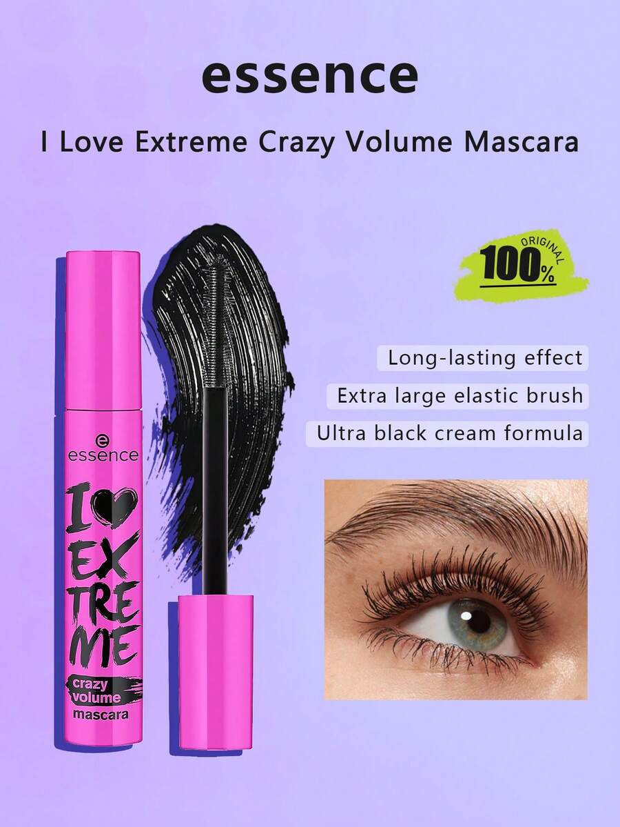 Essence 我爱极致丰盈睫毛膏，极致丰盈，打造戏剧性妆容效果，防水持久配方，质地柔滑，100% 纯素，超大灵活刷头，一笔即可实现全面覆盖，12ml/0.4 液体盎司。