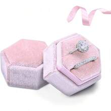 Hexagon Velvet Ring Box, Gorgeous Vintage Ring Display Holder With Double Slots, Ring Box Proposal Engagement Wedding Ceremony (Pink) - Hồng - Xem 9