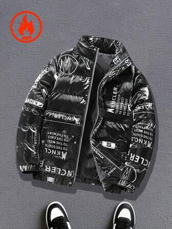 Men's Padded Coat, Letter Print Glossy Thick Warm Hooded Padded Coat, Suitable For Daily Wear And Outdoor Activities, Autumn/Winter