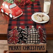 1pc Black & Red Plaid Christmas Tree & Snowflake Christmas Table Runner, Farmhouse Kitchen Dining Table Decor, Indoor Outdoor Home Decoration, Party Supplies, Size: 13x35/13x47/13x72/13x90/13x108 Inches, Winter Holiday