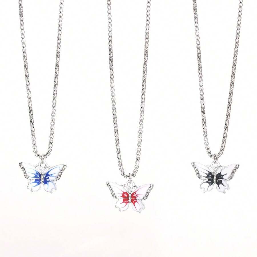 Women's Fashion Jewelry, Handpainted Colorful Butterfly Pendant Necklace, Stainless Steel Round Box Chain & Zinc Alloy Rhinestone Pendant, Suitable For Daily Wear