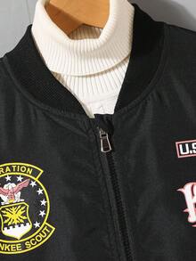 Tween Boy Casual Outdoor Boxerjacka med bokstavstryck och fickor, höst/vinter - Svart - Visa 4