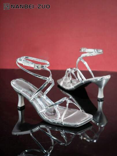Women's French Square Toe Criss-Cross Strap High Heel Sandals, 2025 Summer New Fashion One-Strap Buckle Silver Chunky Heel Sandals, Elegant And Versatile High Heels Suitable For Wearing With Dresses On Valentine's Day, Office/Work Commute High Heel Sandals