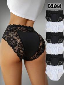 6pcs/Pack Women's High Waist Seamless Lace Thong Panties - Black and White - View 5