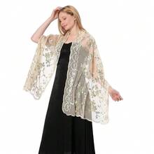 Shawls And Wraps For Evening Dresses,Women Formal 1920s Sequin Flower Sheer Shawls And Wraps For Wedding-{"Color_name":"Beige"} - 米色 - 查看 4