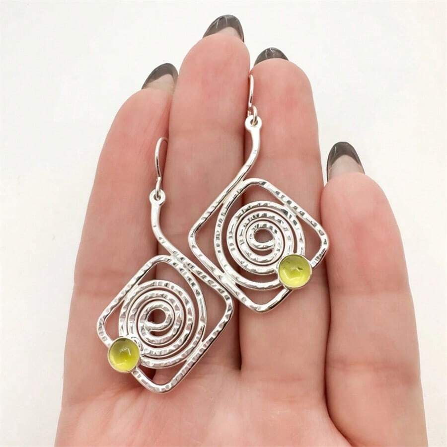 Pendientes bohemios, pendientes espirales cuadrados, pendientes de plata, pendientes con colgante en espiral con cable de oreja verde sintético, pendientes redondos, regalos para mujeres