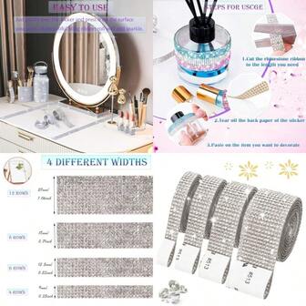 4 Rolls White SelfAdhesive Rhinestone Ribbons StripsBling Crystal Diamond Tape For Crafts DIY Jewelry Phone Case Decoration 4 Sizes Rhinestone Roll White