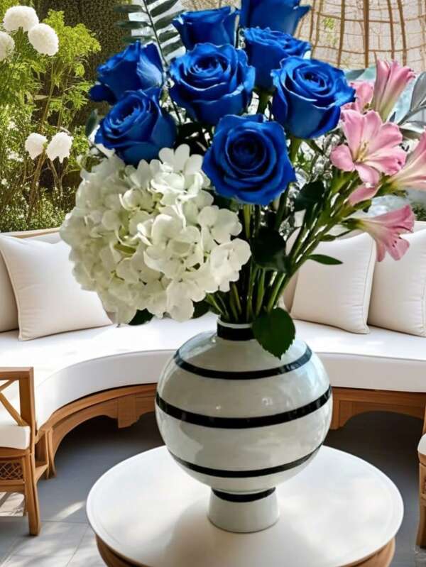 1 peça de vaso de cerâmica pintado à mão, vaso redondo listrado criativo para decoração de mesa