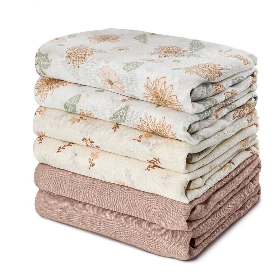 6-Pack Sunflower Print Cotton Muslin Swaddle Blankets, Soft Breathable Cloths For Newborns, For Nursery, Baby Shower Gift - 彩色 - 查看 1